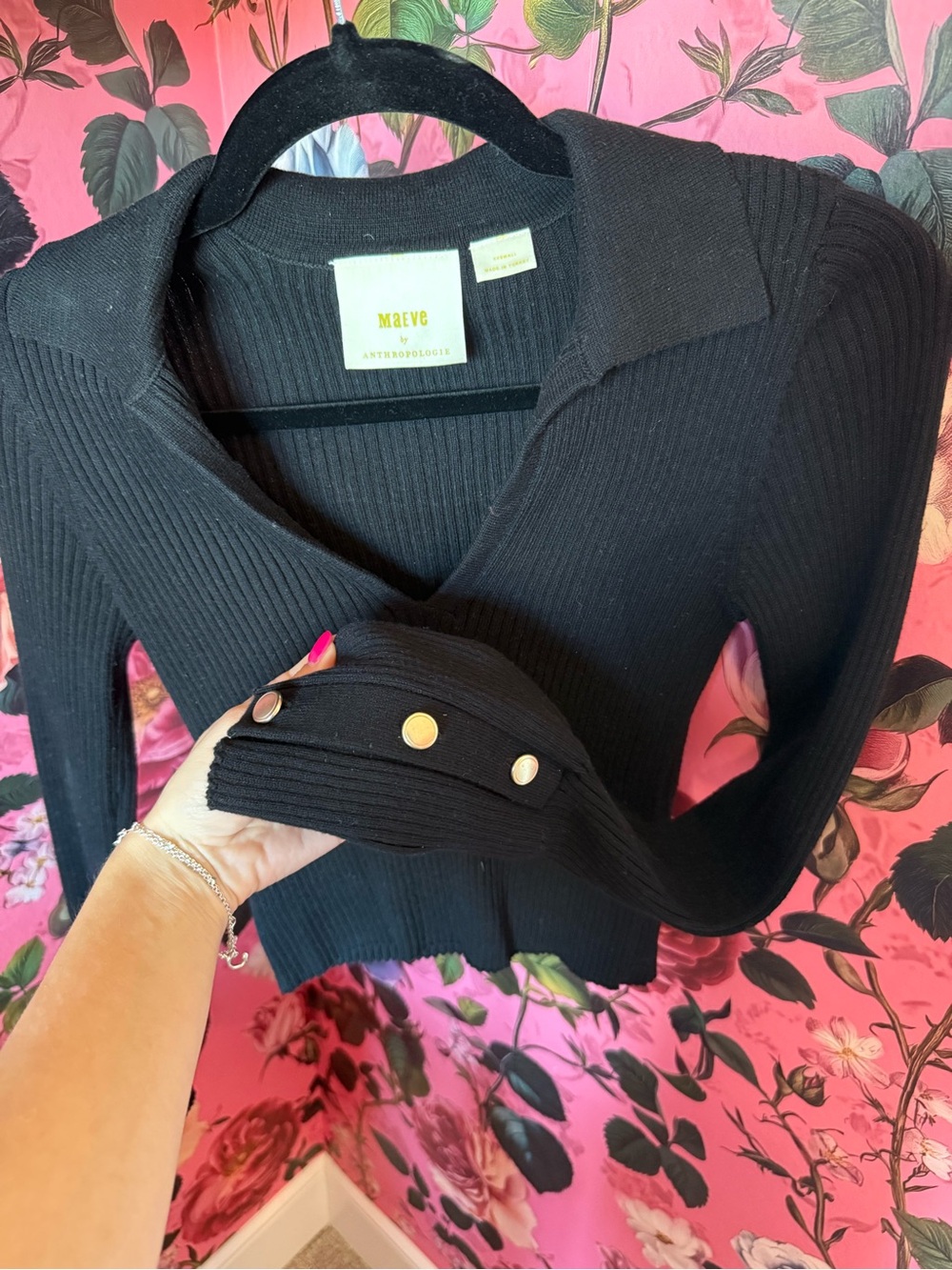 Maeve Black Ribbed Collared Snap-Cuff Sweater XXS